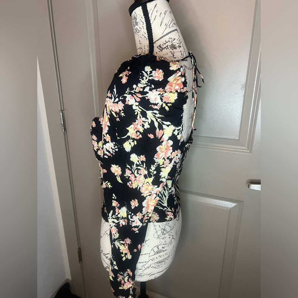 Free People Hilary Floral Print Long Puffed Sleeve Tie Back Blouse - Picture 6 of 11